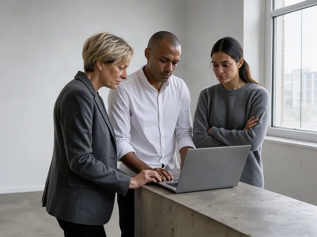 Trois consultants de l'organisme réunis dans un bureau simple, autour d'une table de travail.
