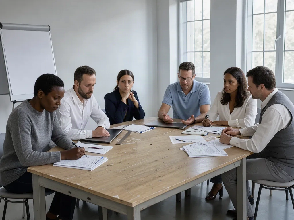 Petit groupe de participants réunis autour d'une table en séance de formation, paperboard blanc et documents imprimés au centre.